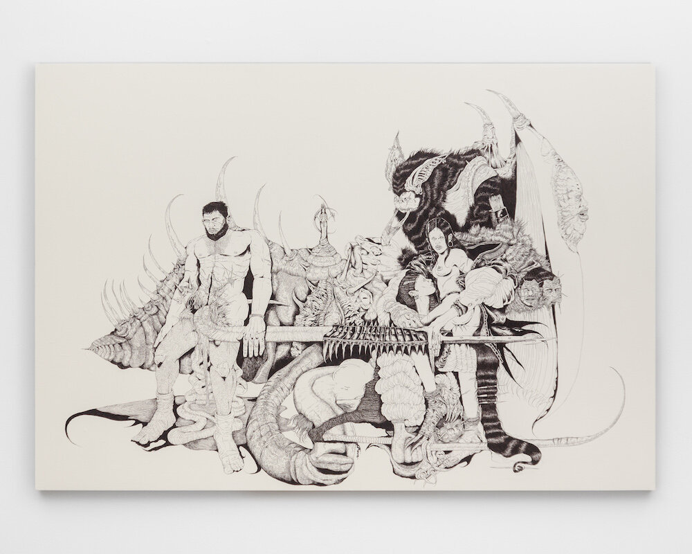 Christian Santiago, <i>Moon Loves Water</i>, 2024. Pen and ink on paper mounted on board, 55 x 86 in (139.7 x 218 cm)